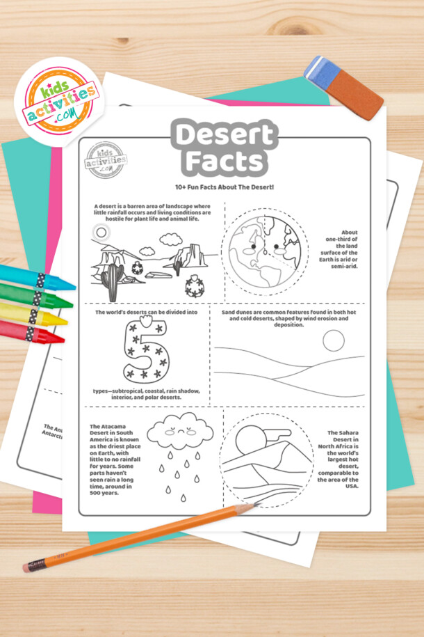 黑白彩色页关于沙漠躺在一个蓝绿色ld体育app下载的事实表与五彩缤纷的字母在一个浅棕色的背景。