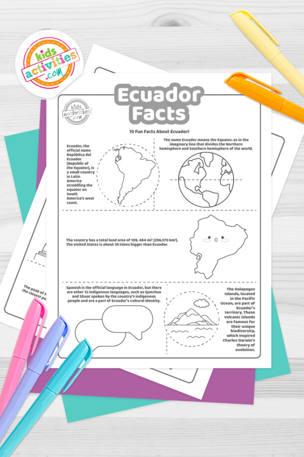 黑白彩色页面与厄瓜多尔事实躺在上ld体育app下载面蓝和紫色的床单和各式各样的蜡笔深灰色背景。